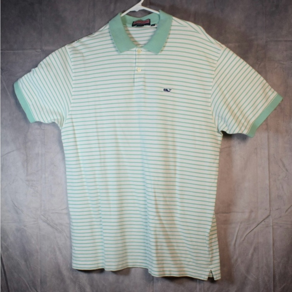 Vineyard Vines Polo Shirt Mens Large Loose Green White Striped Peru Cotton